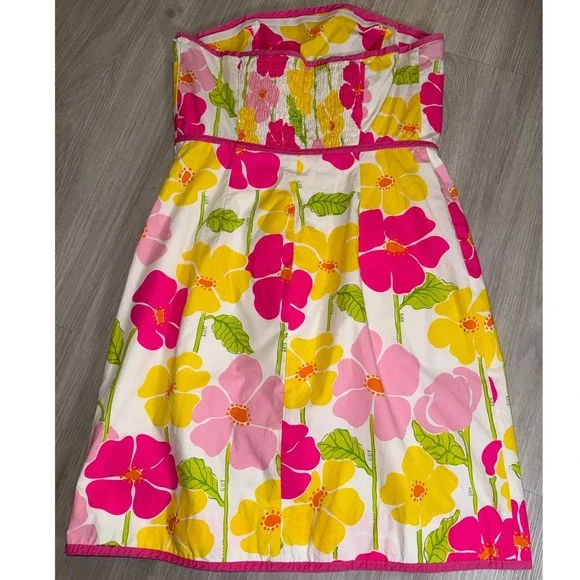 Lilly Pulitzer Tropical Floral Strapless Sheath Dress Pink Yellow Women Size 8 - Picture 3 of 10